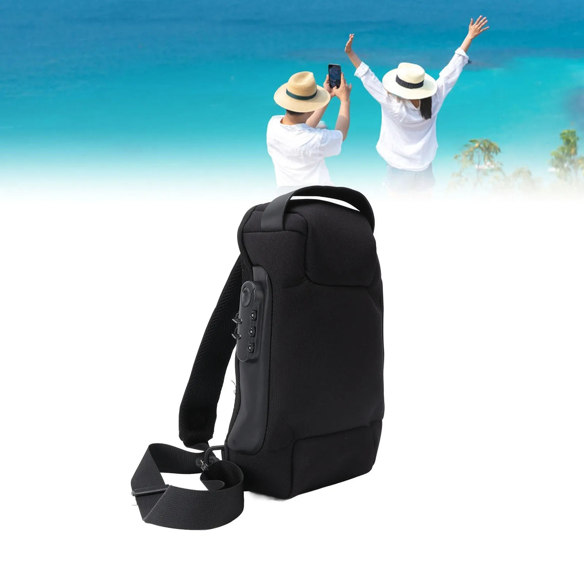 Shoulder Backpack Oxford Cloth Large Capacity Lockable Zipper Portable Sling Bag for Women Men Black 1 Piece 320g