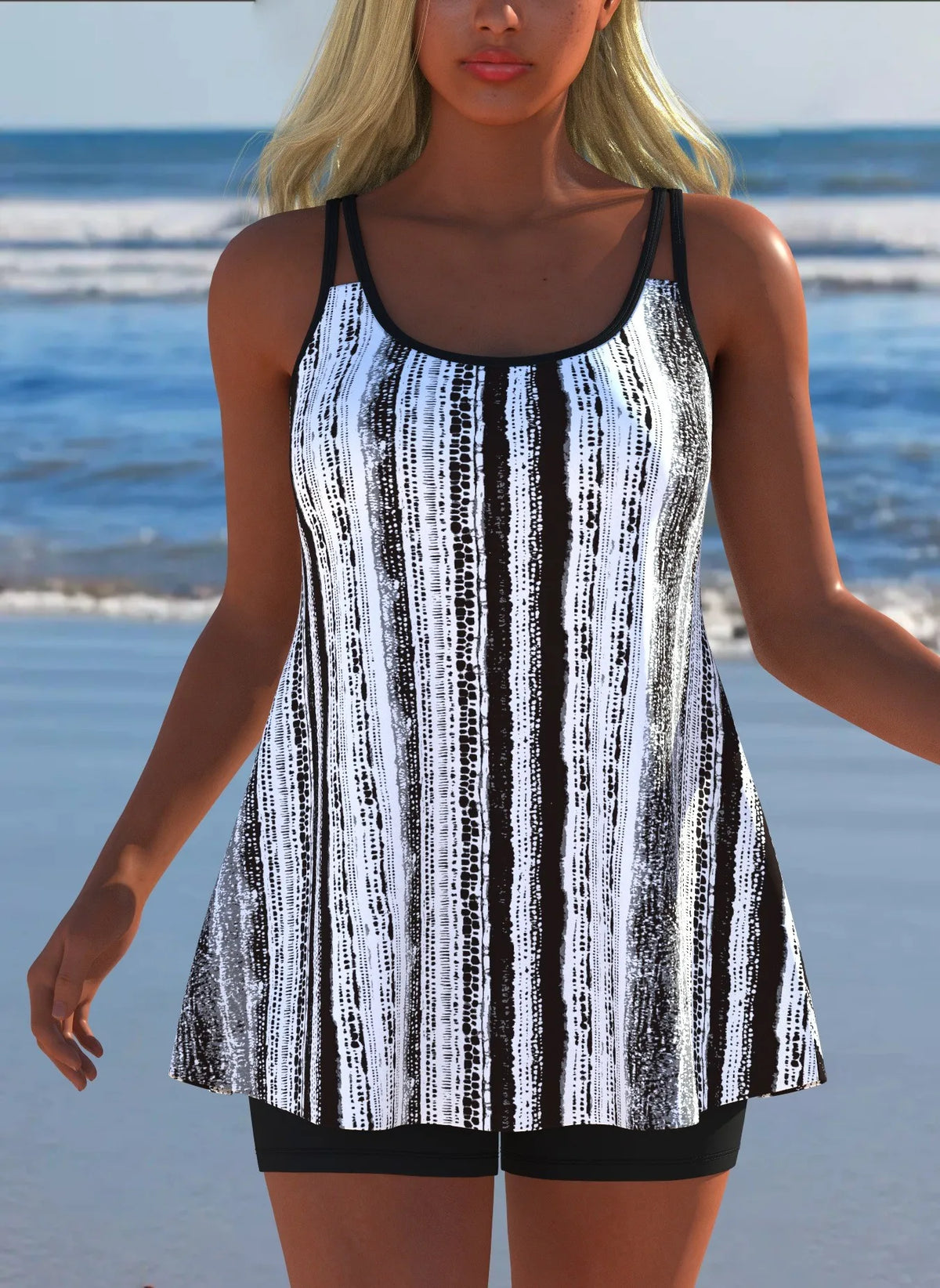 Women's Black & White Print Tankini