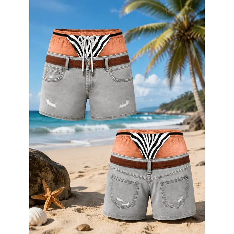 for Men Funny Denim Look Swim Trunks Zebra Underwear Illusion Print Beach Shorts Novelty Drawstring Board Shorts for Summer