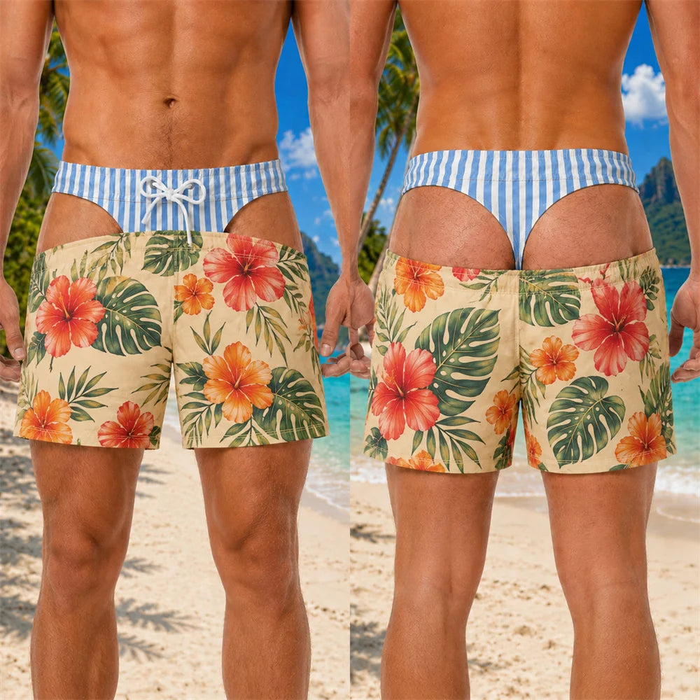 Funny 3D Print Padded Buttock Underwear Designs Swim Trunks For Men Hawaii Theme Style Quick Dry Blue Stripe Beach Shorts Hot
