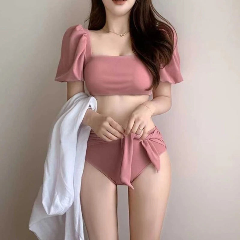 Women's Pink Puff-Sleeve Bow Bikini Set
