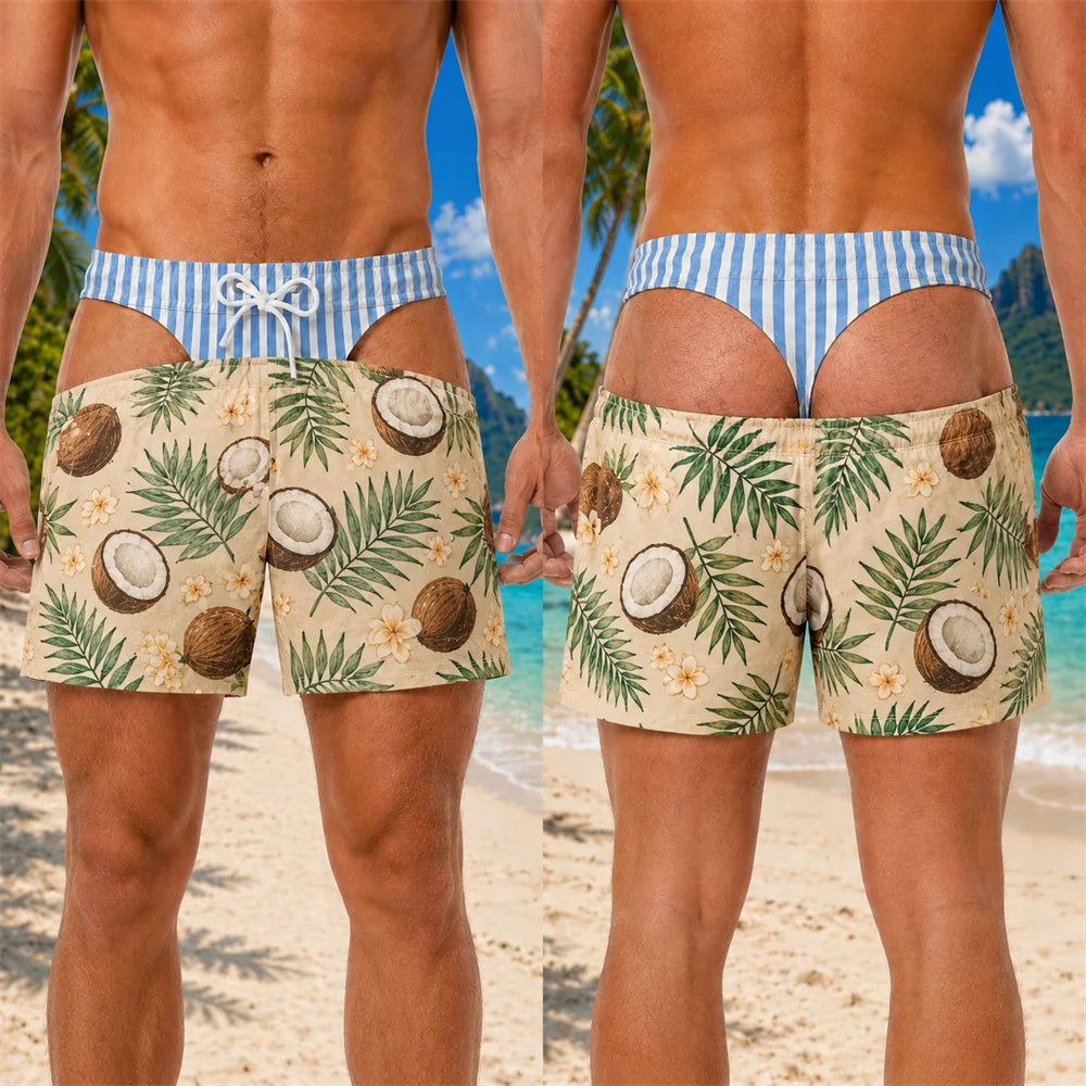 Funny 3D Print Padded Buttock Underwear Designs Swim Trunks For Men Hawaii Theme Style Quick Dry Blue Stripe Beach Shorts Hot