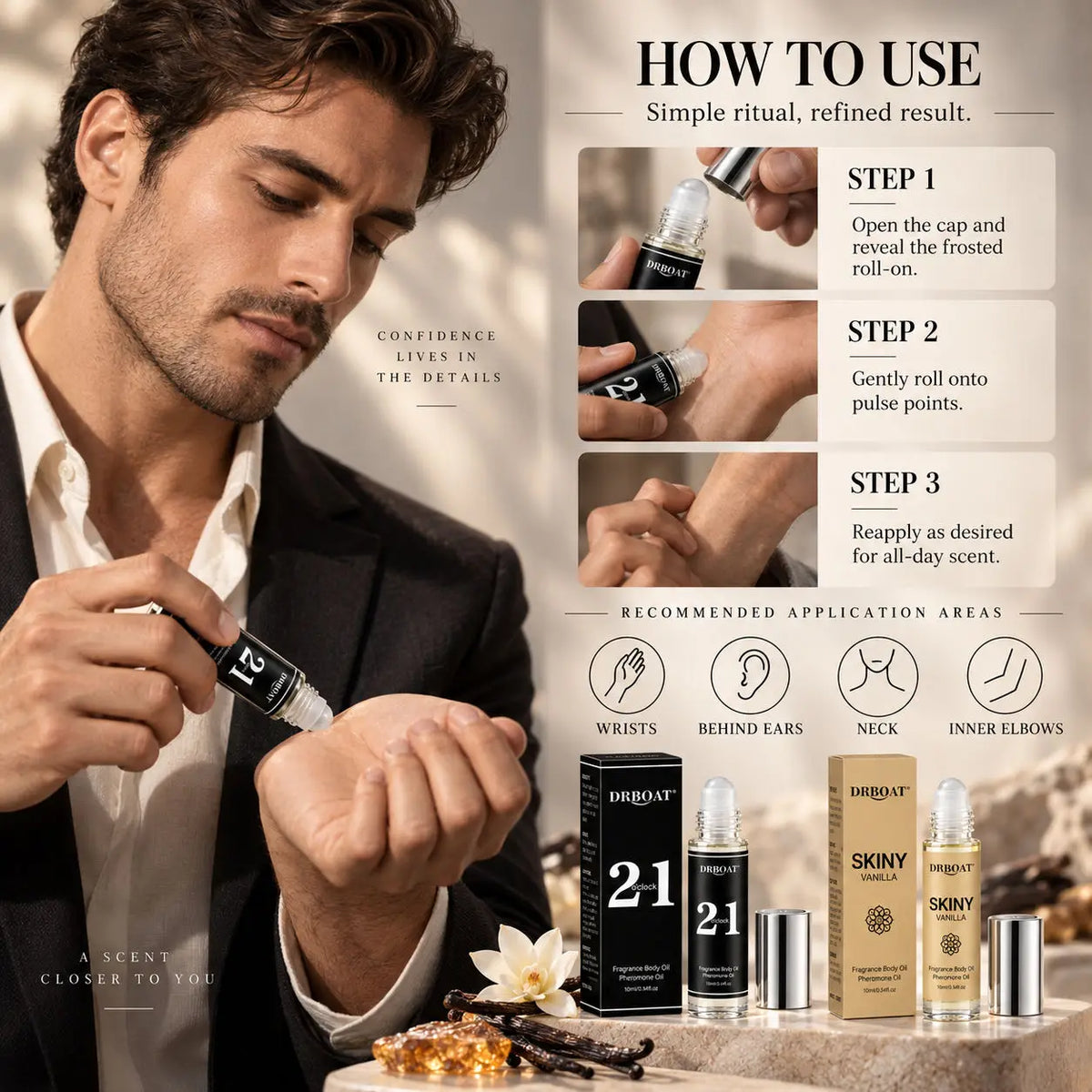 Men Roll On Perfume Oil, Caramel Amber Vanilla & Soft Sandalwood Vanilla, Long Lasting Alcohol-Free Fragrance
