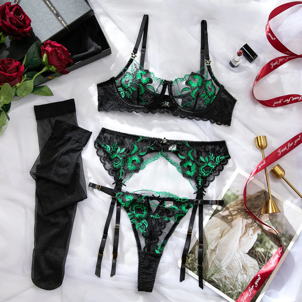 Hot Sexy Women 4Pcs Black Green Flower Embroidery Lingerie Set See Through Bra Suspender Garter Belt Thong Sensual Nightwear