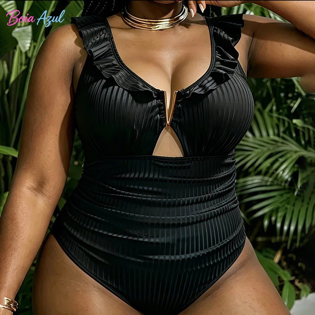 Plus-Size Ruffle V-Neck Cutout One-Piece Swimsuit