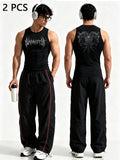 Men Gothic Style 2Pcs Outfit Graphic Sleeveless Tank Top Side Striped Loose Trousers Gym Street Casual Tracksuit