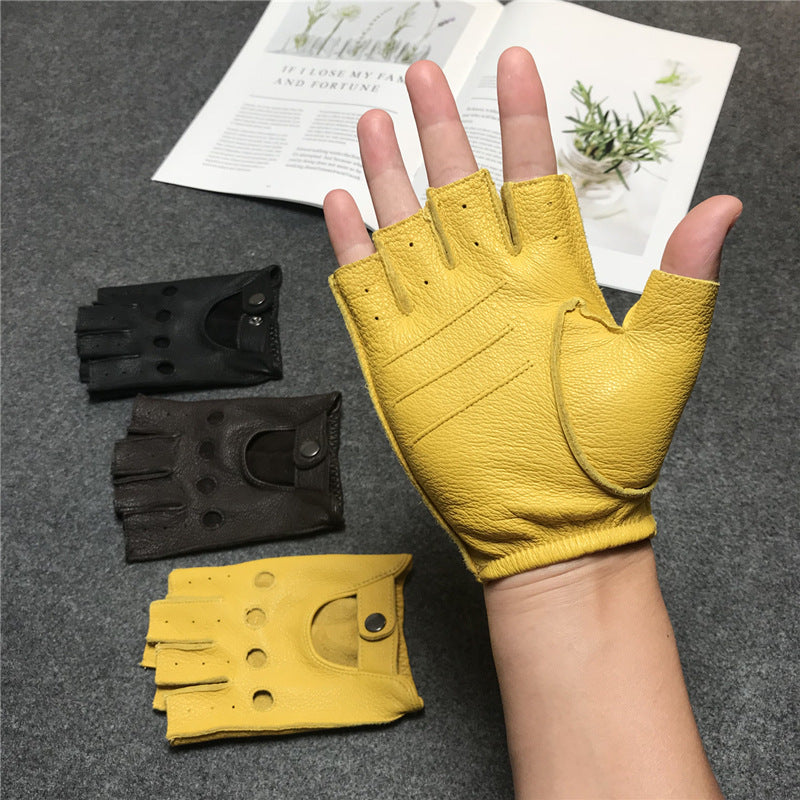 Deerskin Half-Finger Gloves Men's and Women's Sports Fitness Driving Motorcycle Retro Men's Finger-Finger Goatskin Gloves