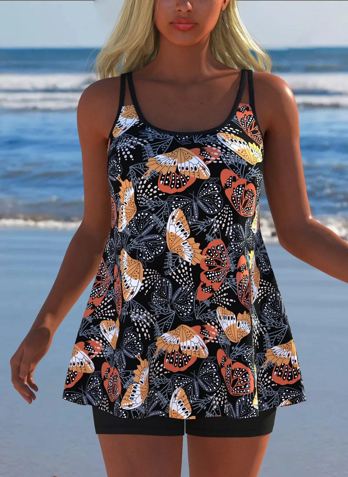 Women's Black & White Print Tankini