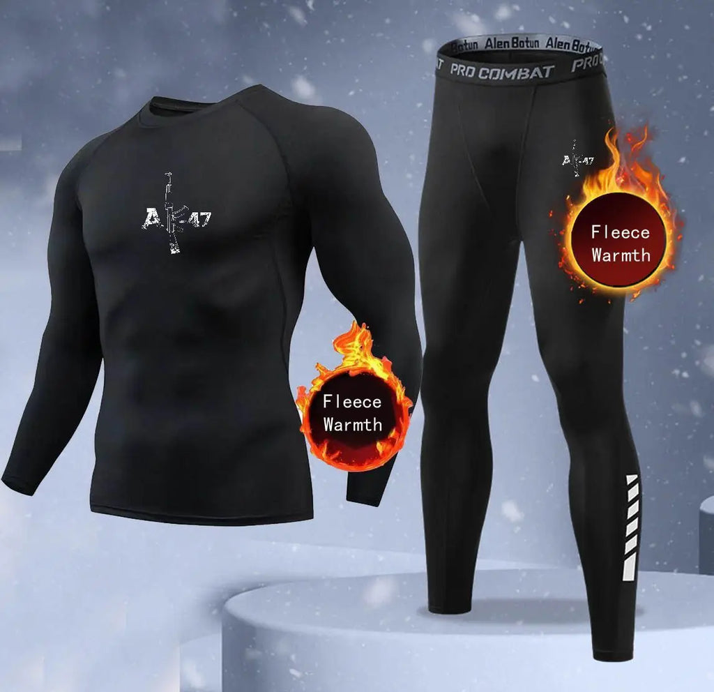 New 2-pieces Winter Warm Men Underwear Set Fleece Thermal Undershirts Long Johns Compression Tights Fitness Sports Tracksuit Set