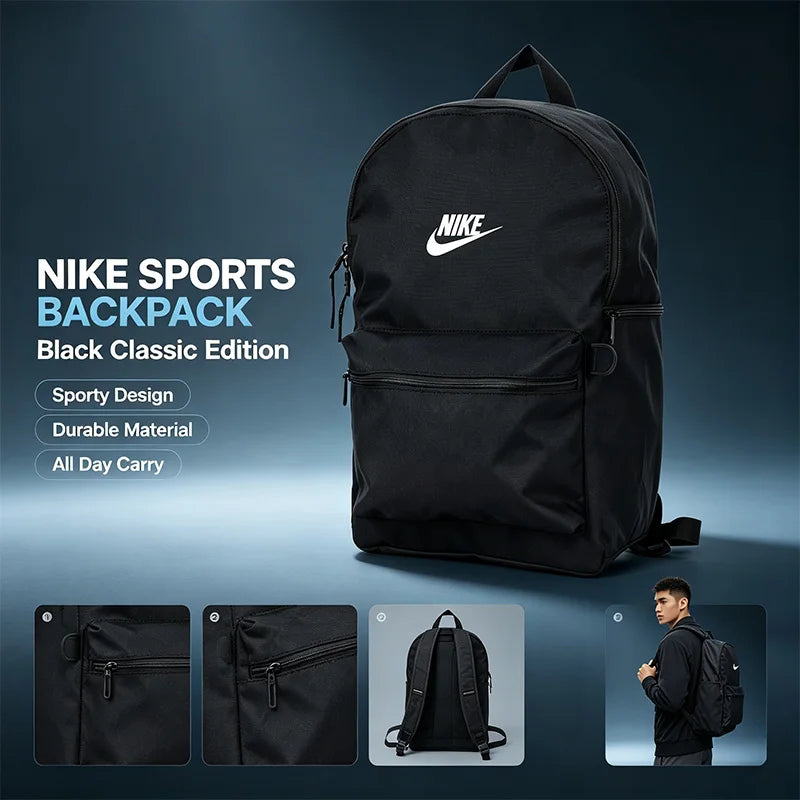 Nike DH7709-010 Official Genuine Black Backpack Classic Sports Backpack Durable Adjustable Travel School Shoulder Bag DH7709-