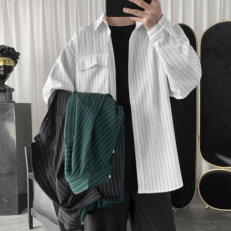 Autumn and Winter Striped Shirt Men's Harajuku Fashion Brand Casual Long Sleeve Shirt Korean Style Loose ins Shirt Jacket