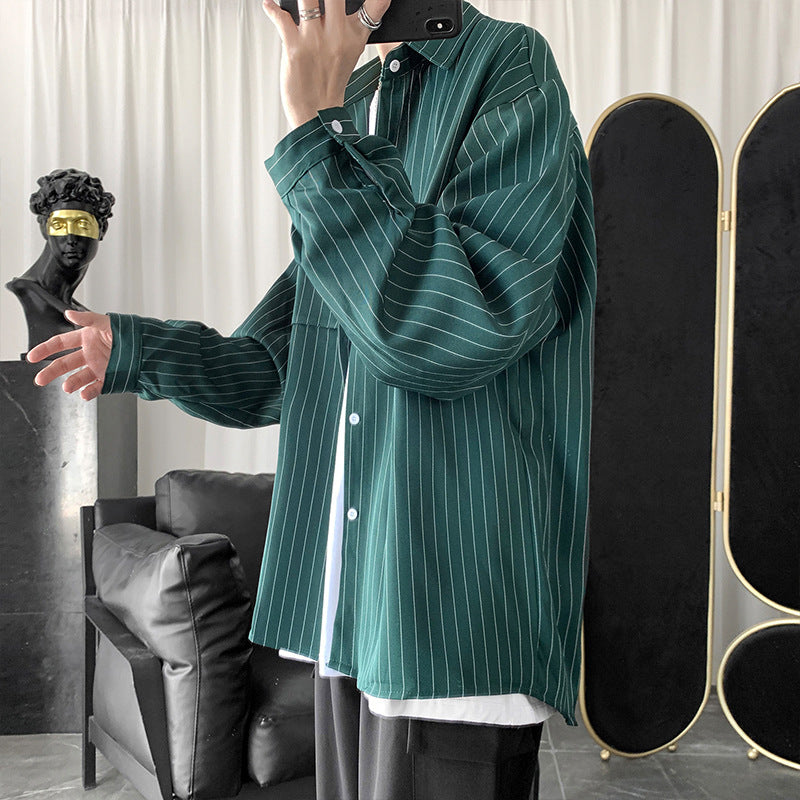 Autumn and Winter Striped Shirt Men's Harajuku Fashion Brand Casual Long Sleeve Shirt Korean Style Loose ins Shirt Jacket