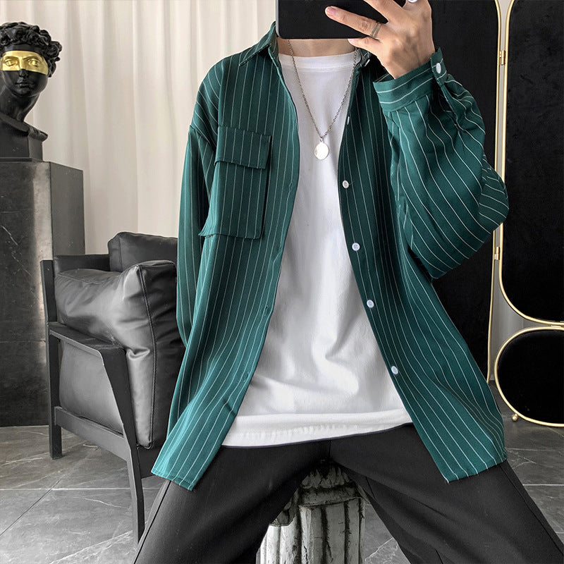 Autumn and Winter Striped Shirt Men's Harajuku Fashion Brand Casual Long Sleeve Shirt Korean Style Loose ins Shirt Jacket