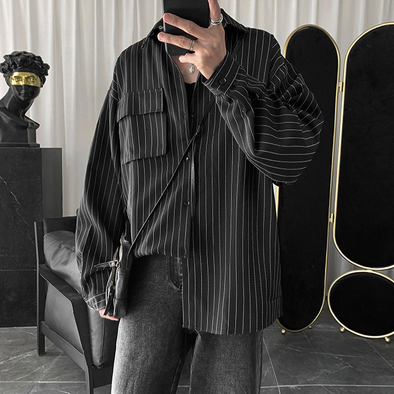 Autumn and Winter Striped Shirt Men's Harajuku Fashion Brand Casual Long Sleeve Shirt Korean Style Loose ins Shirt Jacket