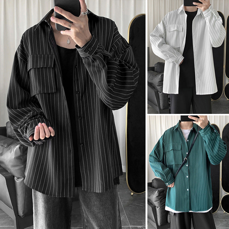 Autumn and Winter Striped Shirt Men's Harajuku Fashion Brand Casual Long Sleeve Shirt Korean Style Loose ins Shirt Jacket