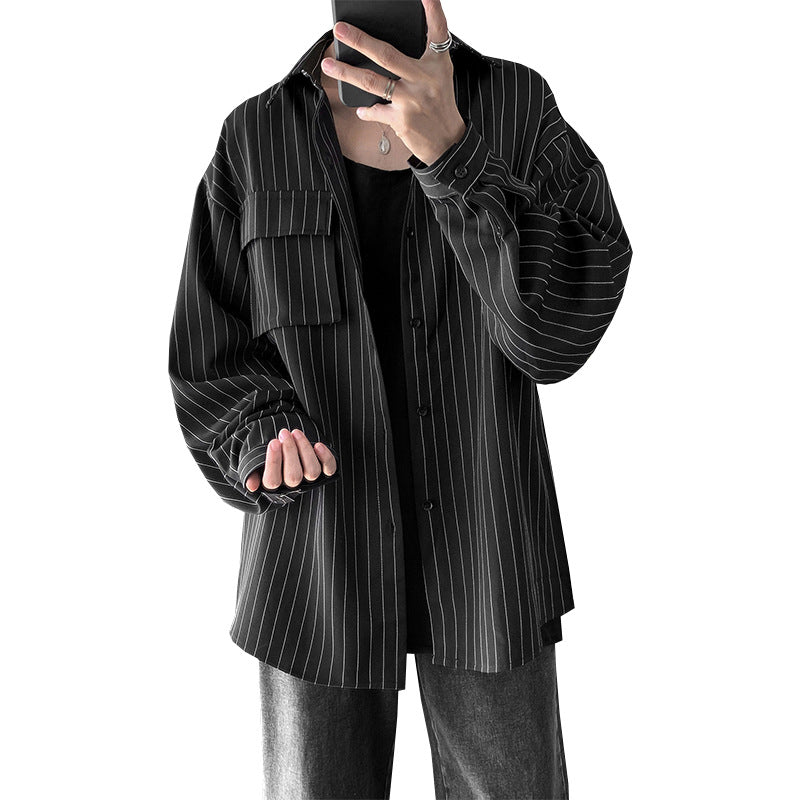 Autumn and Winter Striped Shirt Men's Harajuku Fashion Brand Casual Long Sleeve Shirt Korean Style Loose ins Shirt Jacket