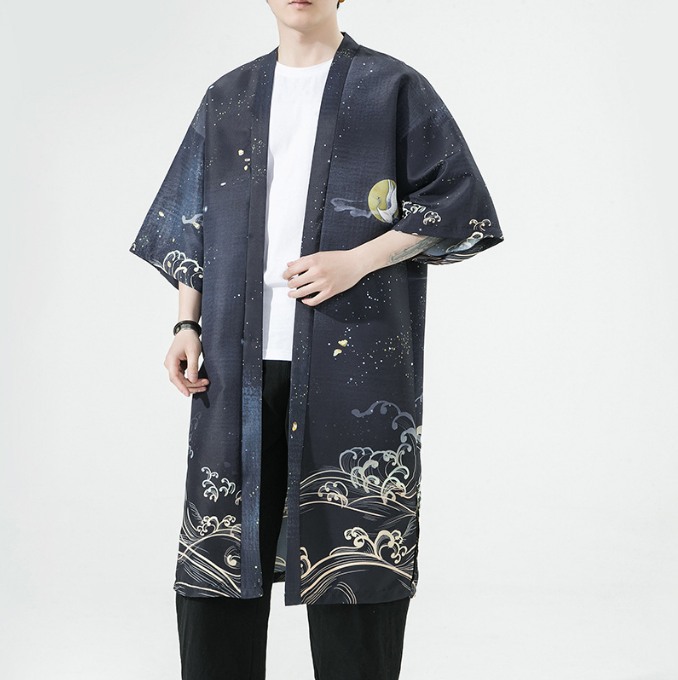Men's Crane Print Long Cardigan