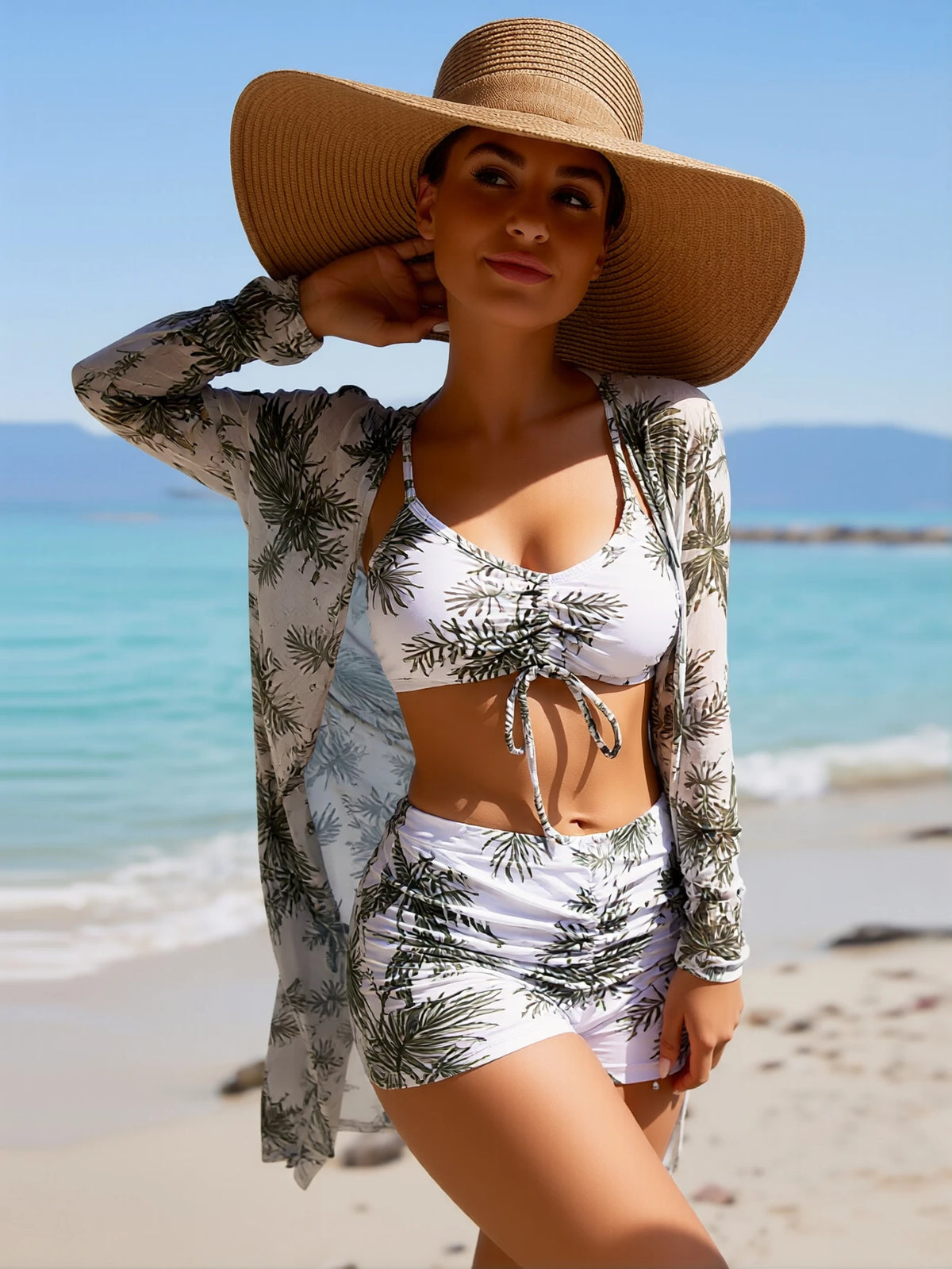 Pink Swirl Print Bikini, Shorts & Kimono Set