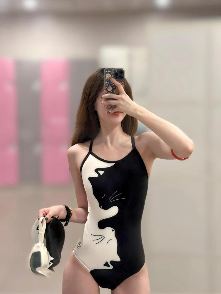 Women's Black & White Kitten Print One-Piece Swimsuit