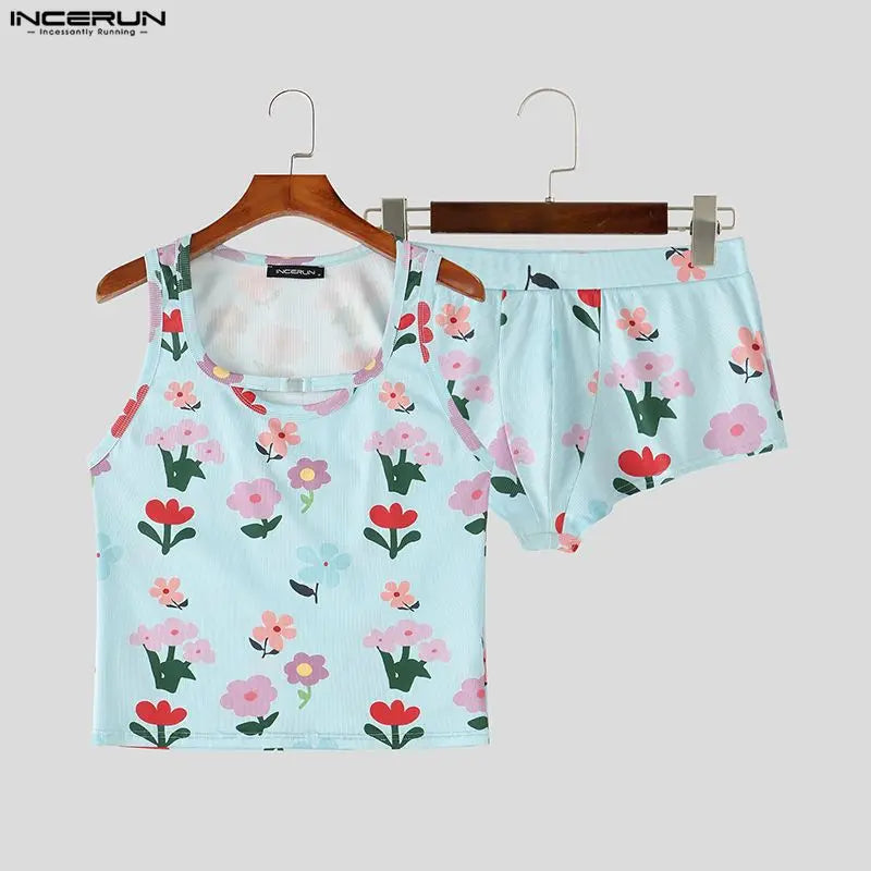 INCERUN Men's Sets Flower Printing Summer Homewear Sleeveless Tank Tops Shorts Two Piece Sets 2026 Casual Unisex Matching Sets