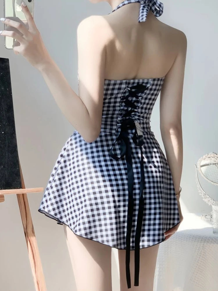 Women's Plaid Lace-Up Skirted Swimsuit