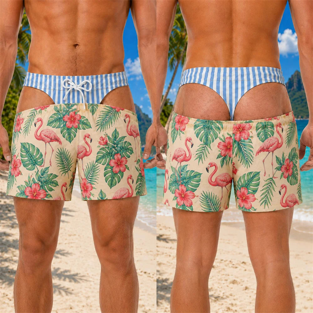 Funny 3D Print Padded Buttock Underwear Designs Swim Trunks For Men Hawaii Theme Style Quick Dry Blue Stripe Beach Shorts Hot