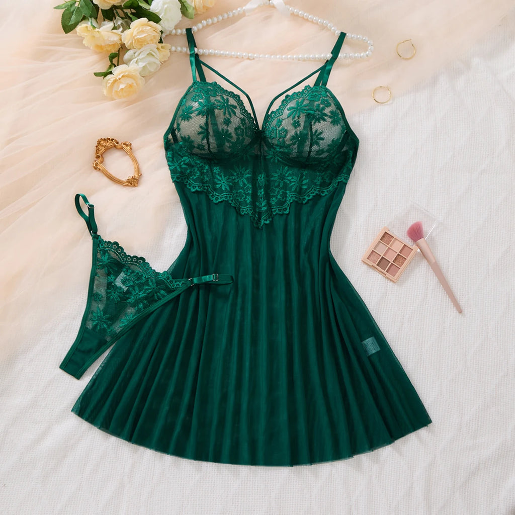 Green Floral Lace Babydoll & Thong Set