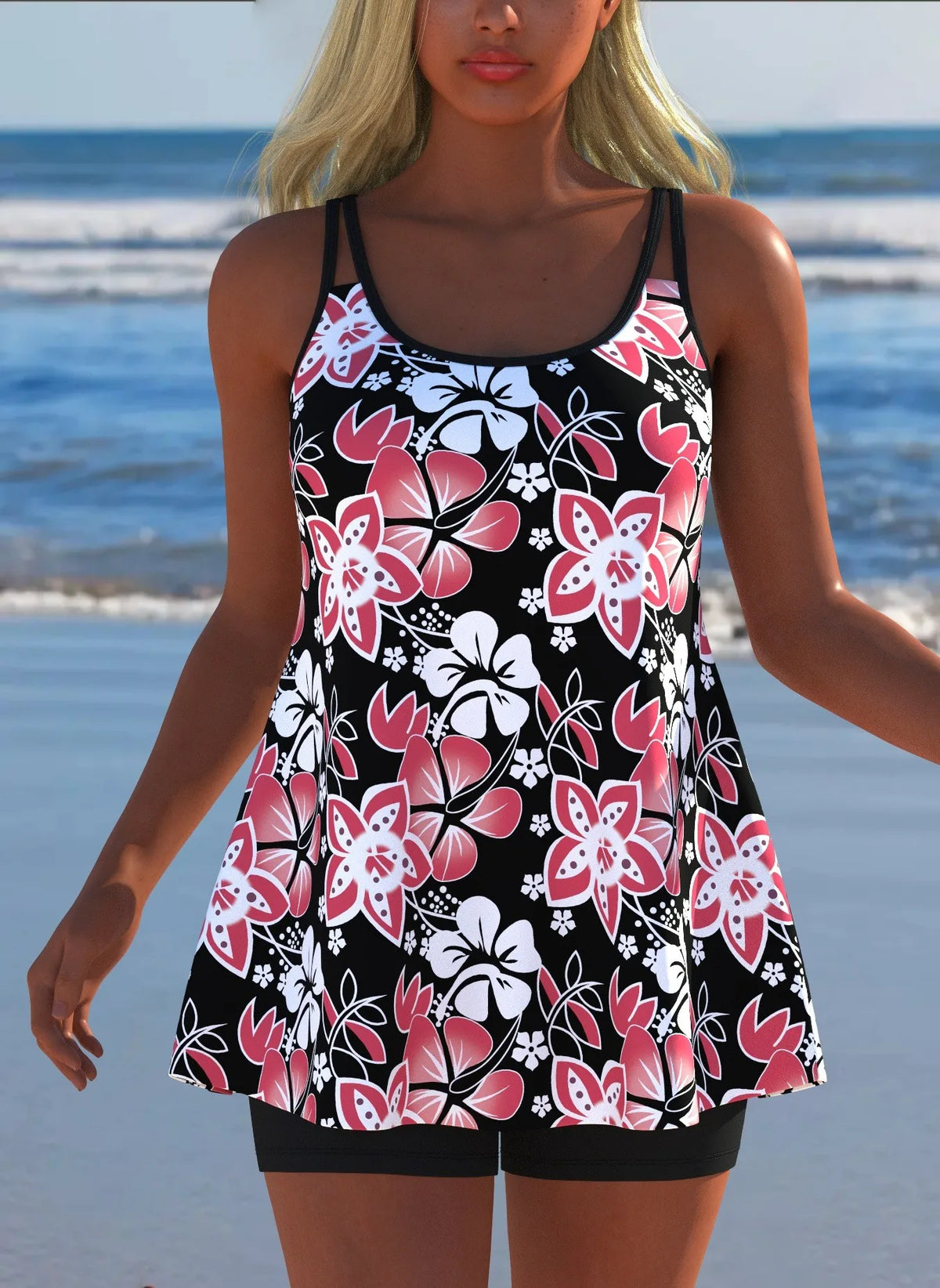 Women's Black & White Print Tankini
