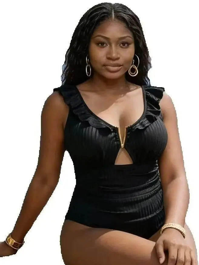 Plus-Size Ruffle V-Neck Cutout One-Piece Swimsuit