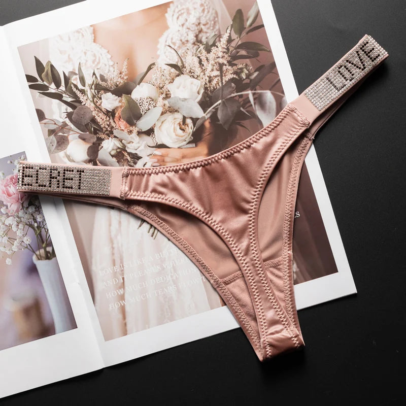 Women's Rhinestone Letter Low-Waist Thong