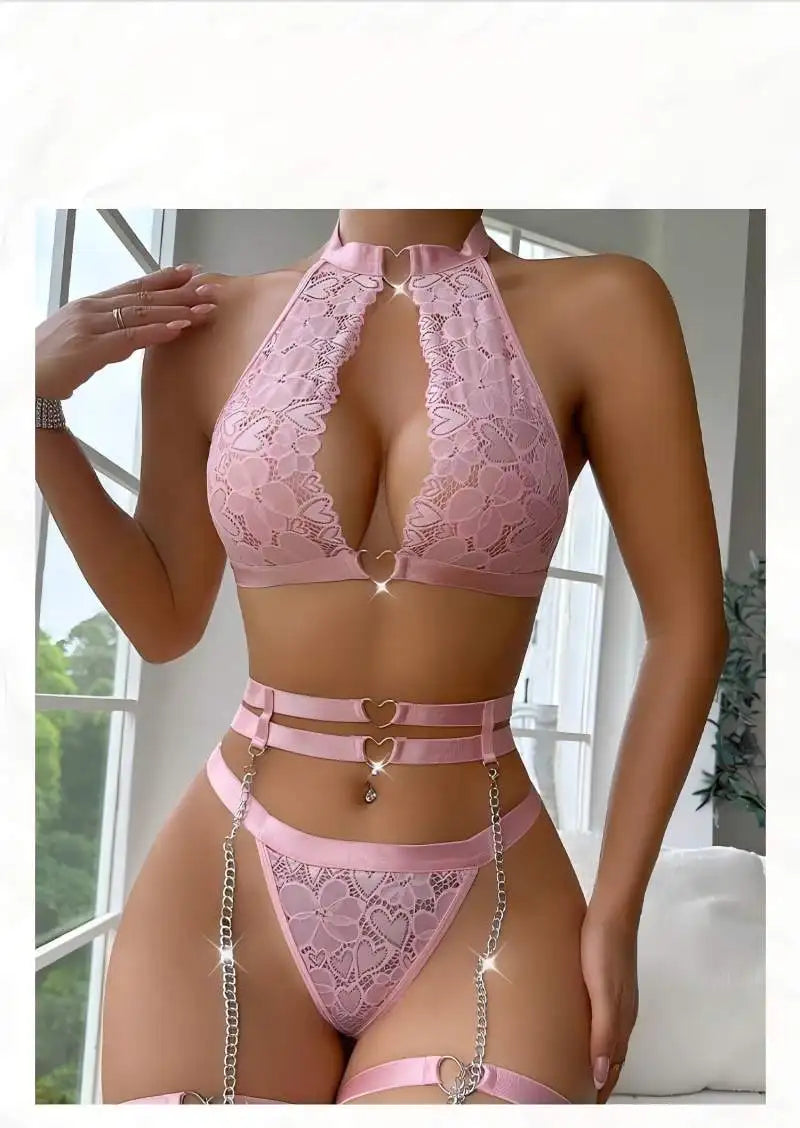Women's Lace Bra, Thong & Choker Garter Set