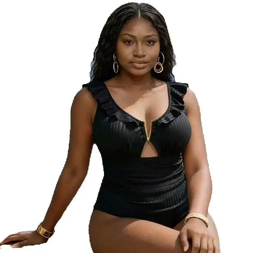 Plus-Size Ruffle V-Neck Cutout One-Piece Swimsuit