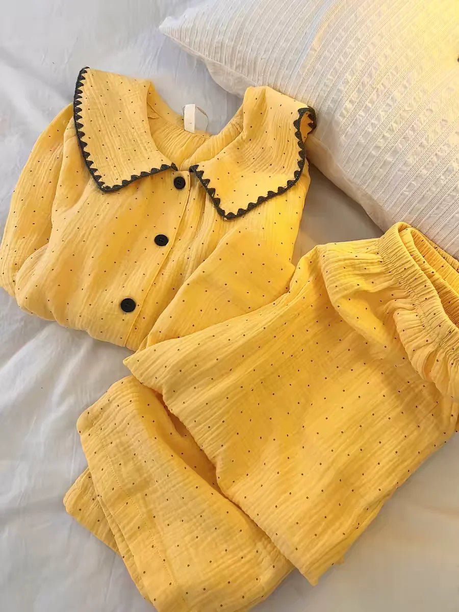 Women's Yellow Polka-Dot Cotton Pyjama Set
