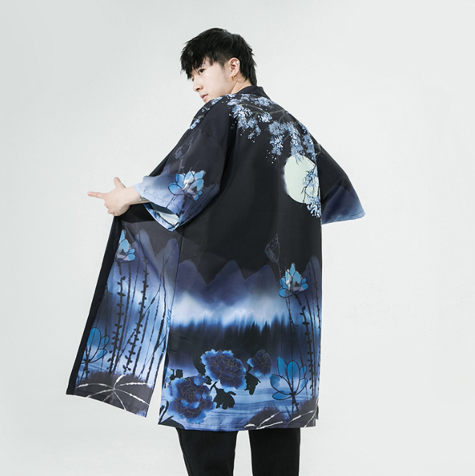 Men's Crane Print Long Cardigan