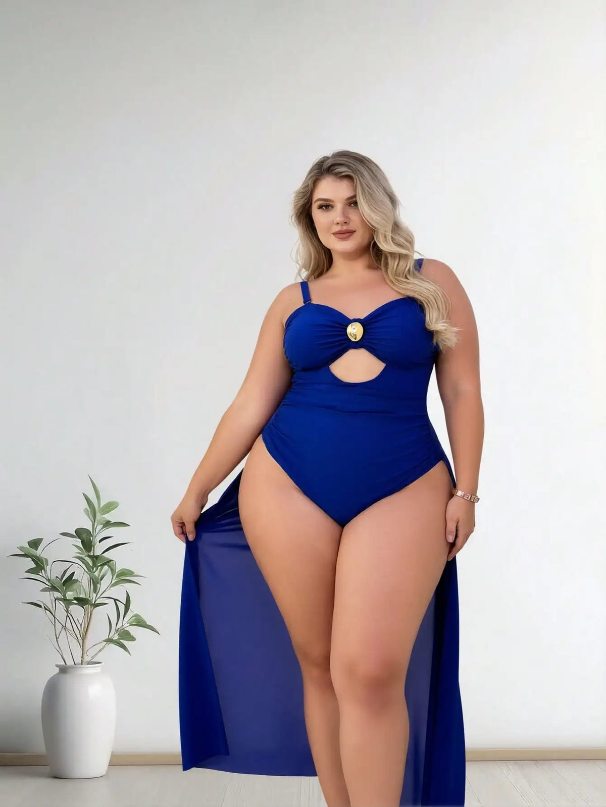 Plus-Size Royal Blue Cutout One-Piece Swimsuit