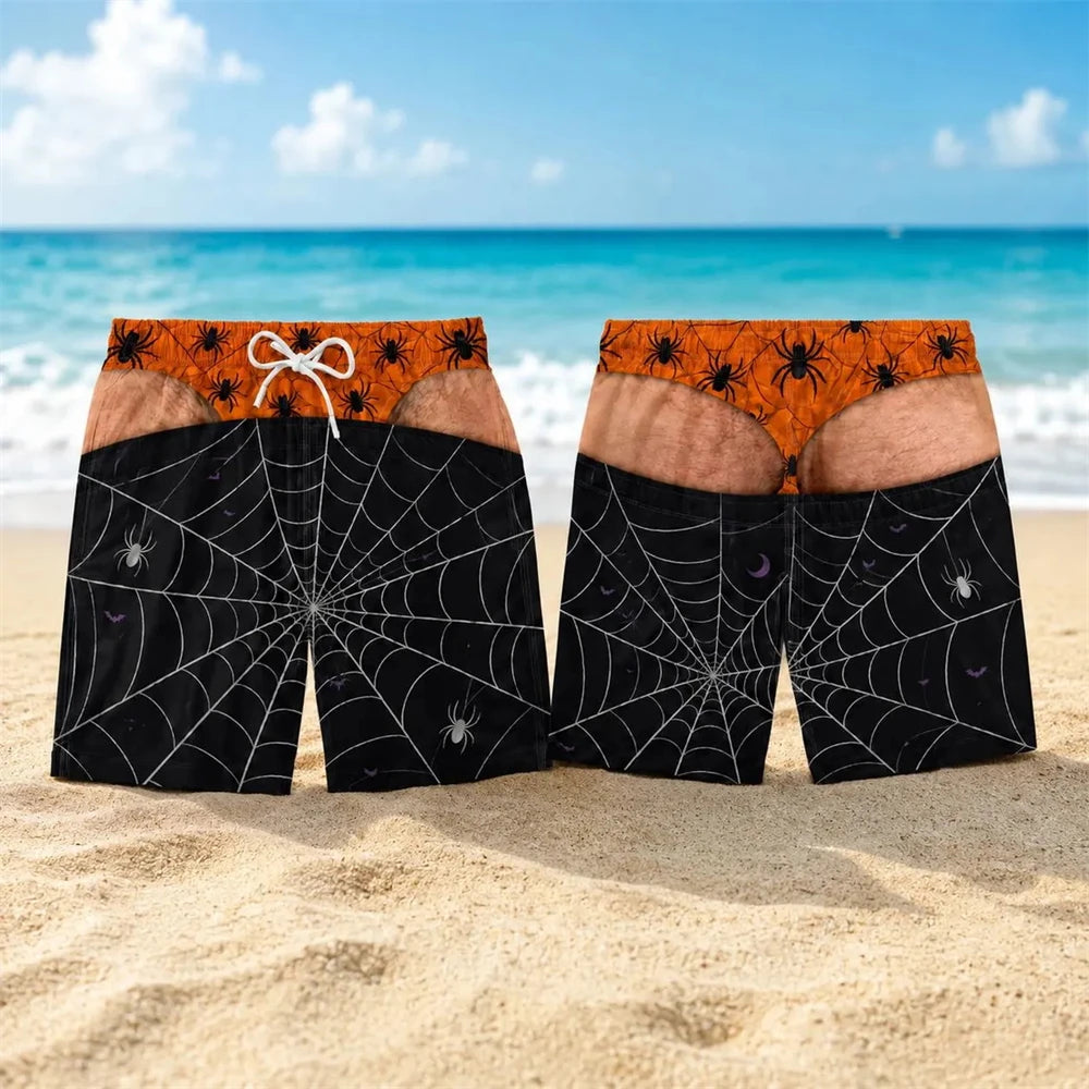 Spider Web Prank Swim Trunks For Men Scary Spider 3D Illusion Fake Underwear Print Board Shorts Novelty For Beach Holiday Party