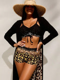 Black Rhinestone Bikini Top, Leopard Shorts & Cover-Up Set