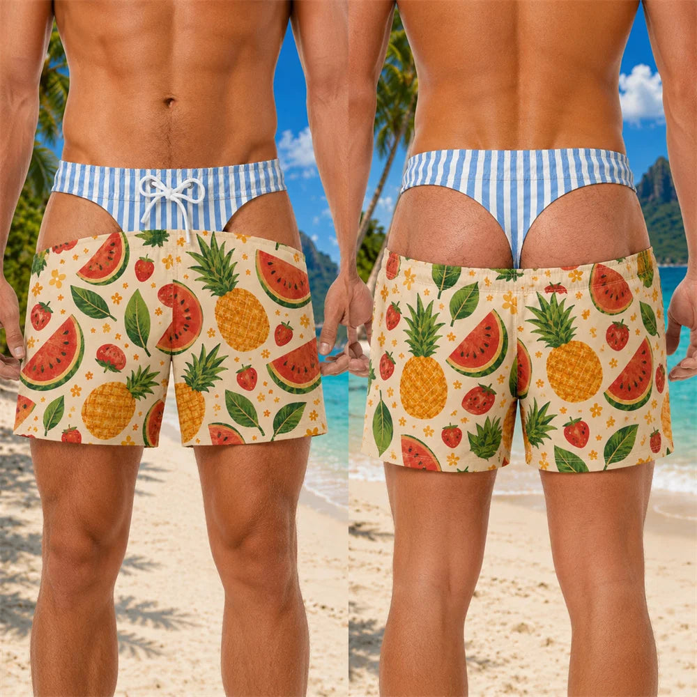 Funny 3D Print Padded Buttock Underwear Designs Swim Trunks For Men Hawaii Theme Style Quick Dry Blue Stripe Beach Shorts Hot