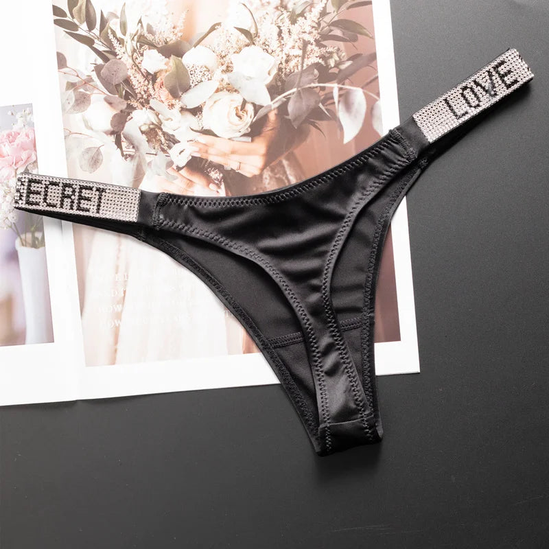 Women's Rhinestone Letter Low-Waist Thong