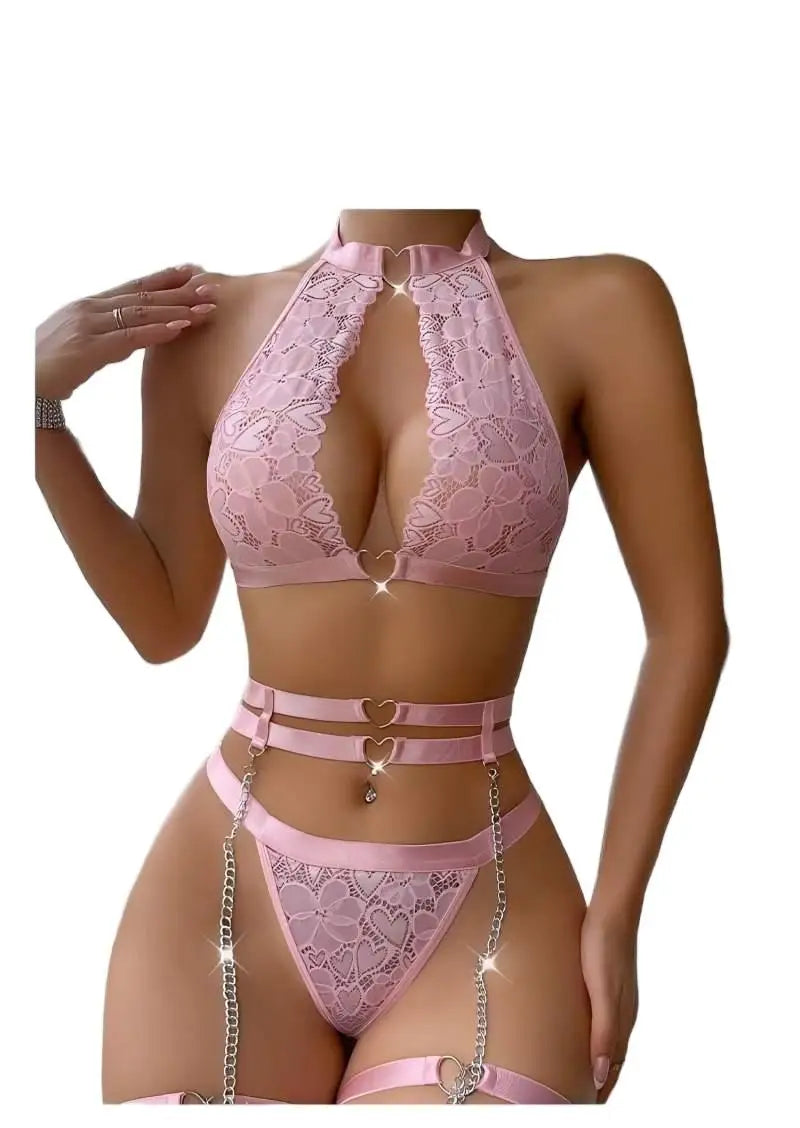 Women's Lace Bra, Thong & Choker Garter Set