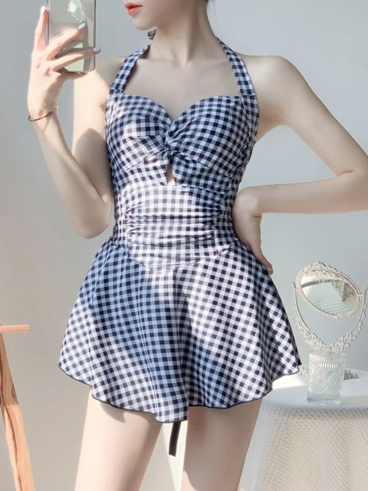 Women's Plaid Lace-Up Skirted Swimsuit