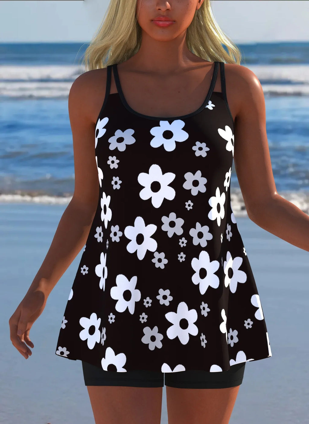 Women's Black & White Print Tankini