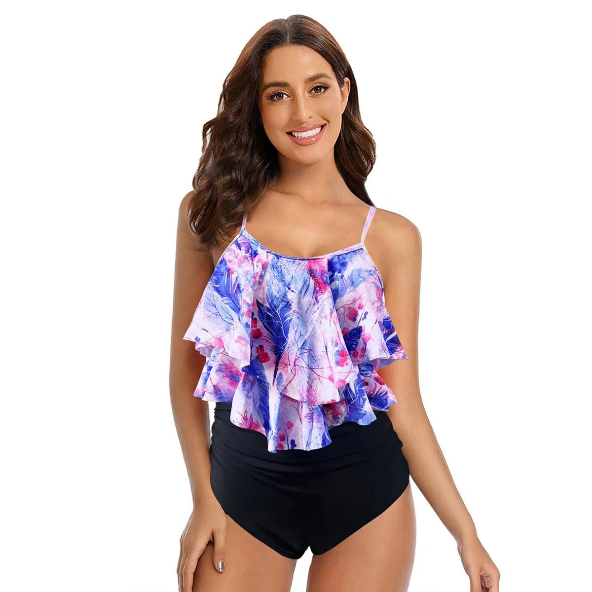 Women's Ruffle-Top High-Waist Printed Bikini Set