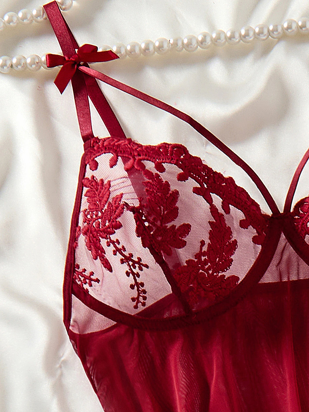 Wine Red Ladies' Countryside Style Wheat Ear Embroidery Semi Transparent Nightgown, Elegant and Comfortable, Bow Design ZA825066