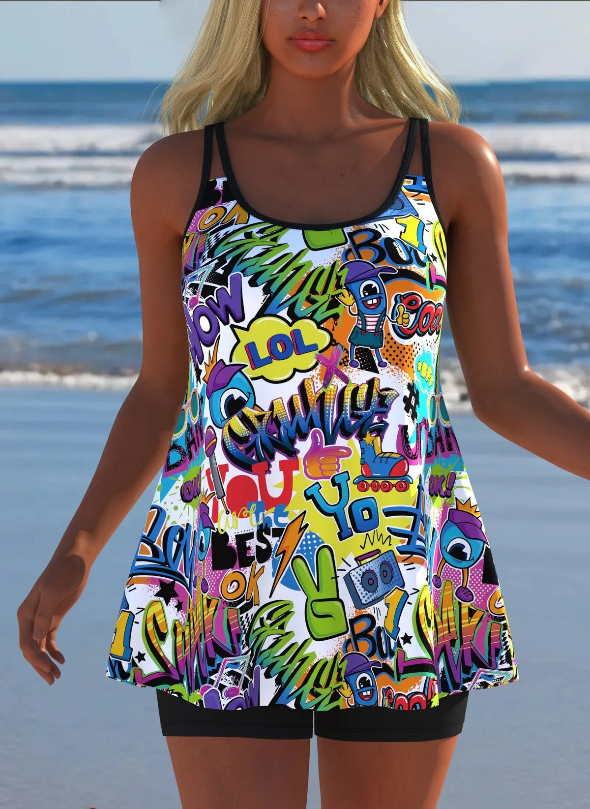 Women's Black & White Print Tankini