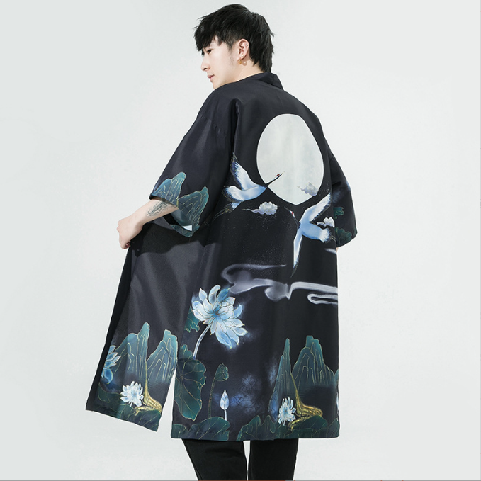Men's Crane Print Long Cardigan