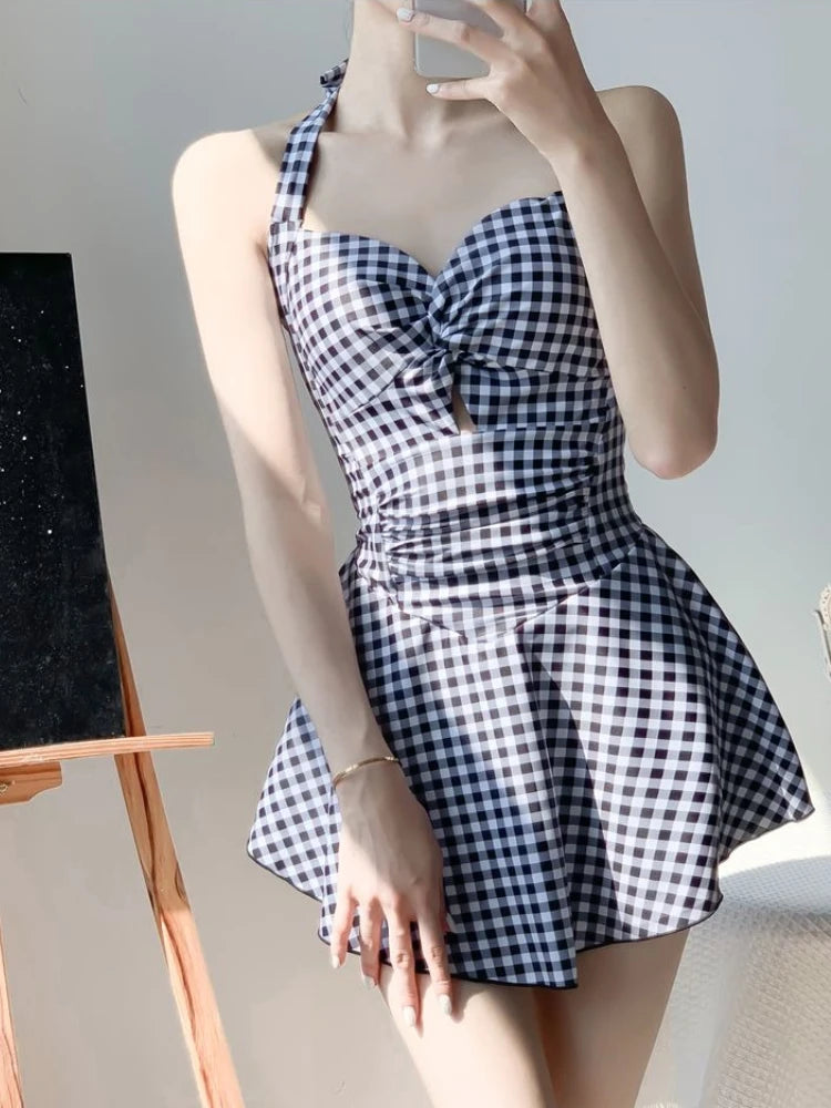 Women's Plaid Lace-Up Skirted Swimsuit