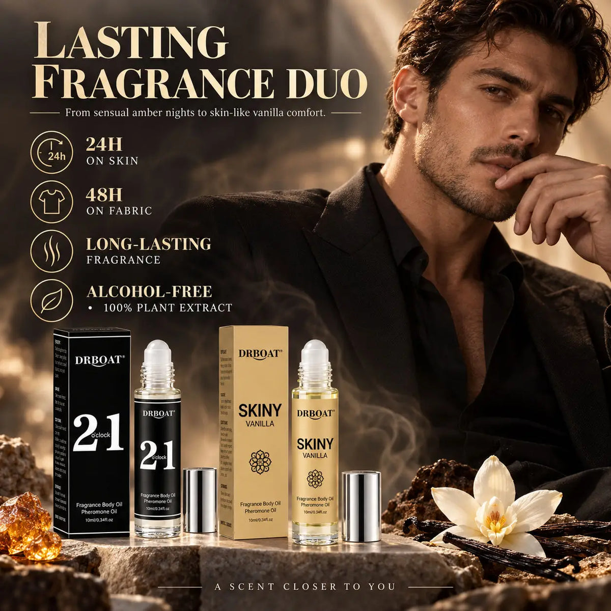 Men Roll On Perfume Oil, Caramel Amber Vanilla & Soft Sandalwood Vanilla, Long Lasting Alcohol-Free Fragrance