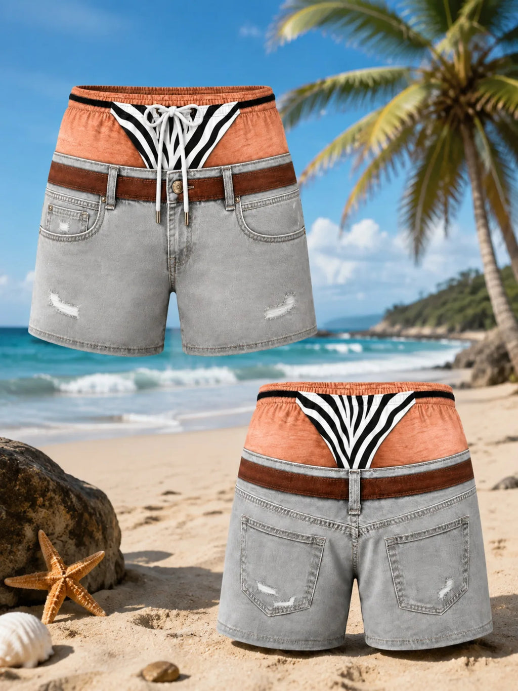 for Men Funny Denim Look Swim Trunks Zebra Underwear Illusion Print Beach Shorts Novelty Drawstring Board Shorts for Summer