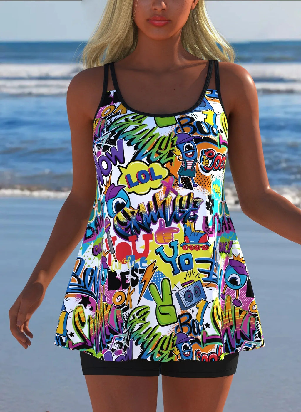 Women's Black & White Print Tankini